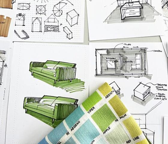 Image drafting and sketching residential room and furniture as well as colour samples