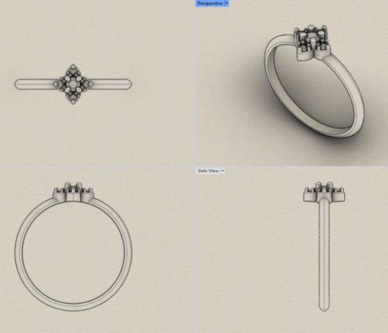 Four perspectives in sepia of a ring set with gemstones